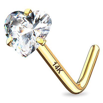 14K Real Gold Nose Studs 20G Nose Rings Studs L Shaped Nose Rings for Women Men Diamond CZ Nose Piercing - color: Yellow Gold-Heart CLCZ