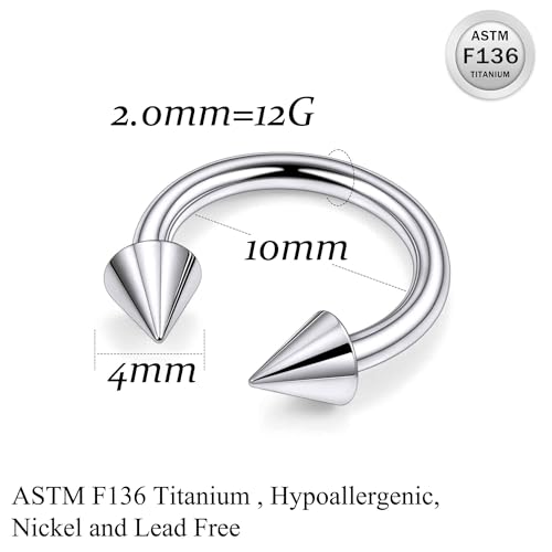 Ruifan 20G 18G 16G 14G 12G 8G 6G 4G 2G Horseshoe Nose Ring Titanium Septum Rings Piercing Jewelry Internally Threaded Gauges Cartilage Conch Helix Rook Lip Tragus Earring Hoop Eyebrow For Women Men - size: Spike: 12G - 10MM