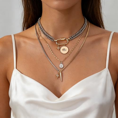 Layered Necklace Set for Women, Mixed Metal Evil Eye Charm Jewelry, Trendy | Mixed Metal Layered Necklace with Evil Eye, Star and Spike Charms for Women Who Love Trendy Boho & Edgy Jewelry - style: 3PCS