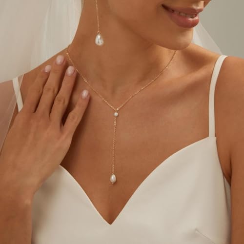 Natural Freshwater Pearl Lariat Necklace, 18K Gold Plated Y-Drop Necklace for Women, Hypoallergenic