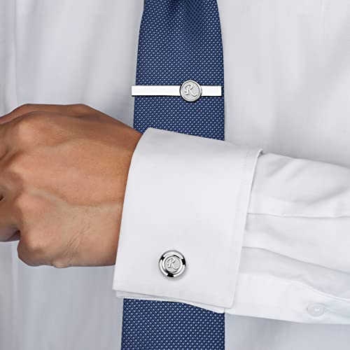 AMITER 26 Letters Tie Clip and Cufflinks for Men, Initial Tie Bar & Cuff Links Set Necktie Clip for Business, Wedding, Anniversary - color: R (2 cufflinks + tie clip)