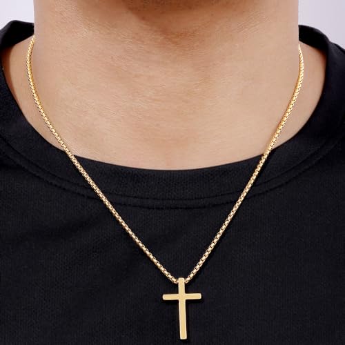 Fiusem Cross Necklace for Men, Stainless Steel Cross Pendant Jewelry Gift | Silver/Gold/Black Mens Cross Necklaces with 2.5mm Cross Chain, Box Chain 16-28 Inch - size: 20.0 Inches, style: Small Golden cross: 1.2" * 0.7"