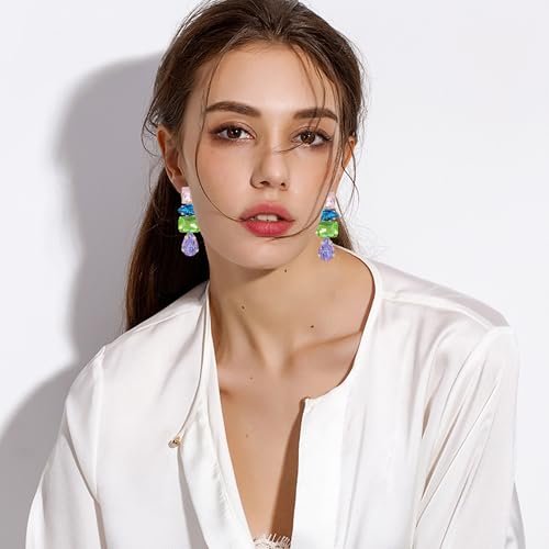 Dainty Sparkly Crystal Square Teardrop Circle Dangle Drop Earrings Long Chic Glitter Rhinestones Geometry Stud Earrings For Women - style: Colorful