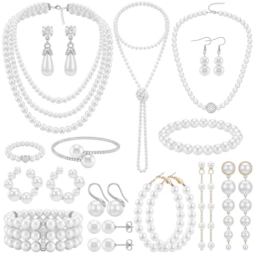 Huwena 15 Pcs Pearl Jewelry Set with Necklace, Earrings, Bracelets and Ring, Pearl Necklaces for Women, Faux Pearls Set Jewelry for Wedding Bridal Shower Christmas Tea Party