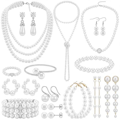 Huwena 15 Pcs Pearl Jewelry Set with Necklace, Earrings, Bracelets and Ring, Pearl Necklaces for Women, Faux Pearls Set Jewelry for Wedding Bridal Shower Christmas Tea Party