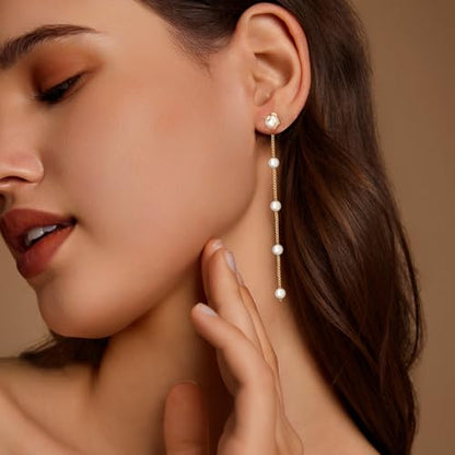 Pearl Earrings for Women 14k Gold/Silver Pearl Drop Earrings Long White Pearl Tassel Dangle Statement Earrings Bridal Wedding Dainty Prom Earrings Birthday Gifts Jewelry - color: Gold Caged Pearl Drop Earrings