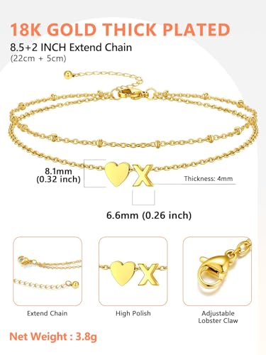 Ankle Bracelets for Women Waterproof 14K Gold/Silver/Black Initial Anklet for Women Dainty Layered Heart Ankle Bracelets Stainless Steel Adjustable Foot Chain Anklet Summer Beach Jewelry - color: X-Gold