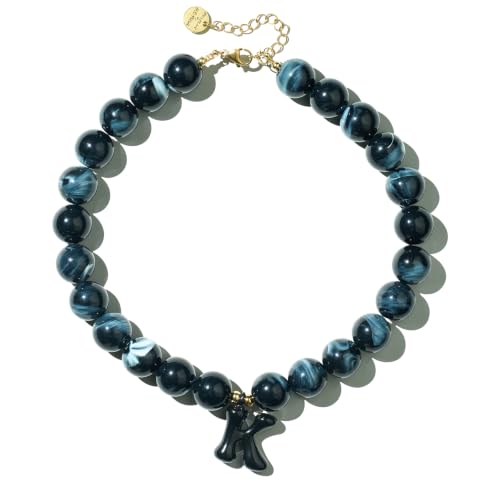 DoDoBeads Chunky Colorful Beaded Initial Necklace, Bubble Letter Choker | Gift box and dust pouch included; waterproof and sweat-resistant with real gold plated stainless steel hardware - color: Black-K