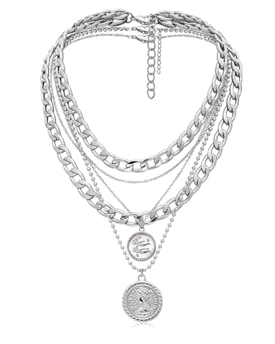 MJartoria Layered Necklaces for Women Trendy Retro Coin Pendant | Dainty Chunky Chain, Choker Necklaces, Jewelry Birthday Gifts - color: Silvery, style: Zodiac-Gemini-3PCS Layered