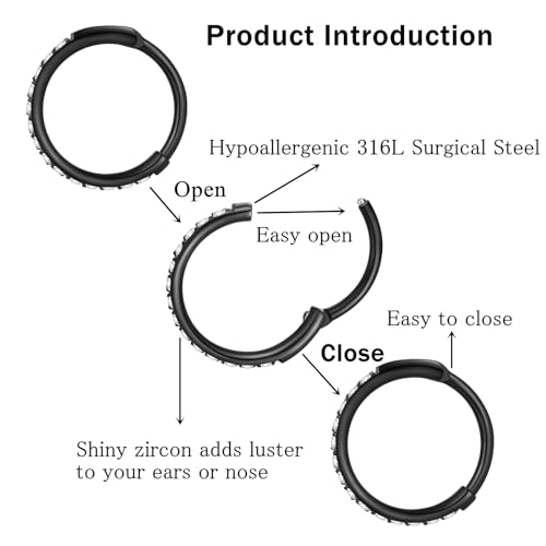 ORANGELOVE 20G 18G 16G Clear CZ Nose Ring Hoop 316L Surgical Steel Seamless Silver Septum Ring Clicker Jewelry Cartilage Earring Ear Piercing Hoop Earrings for Women Men Helix Rook Lobe Conch Tragus Daith Lip Hinged Piercing Jewelry with Cubic Zirconia -