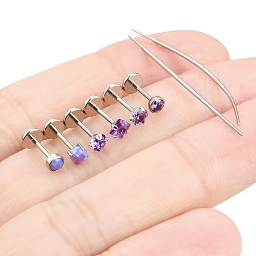 F136 Titanium 20/18/16g Internally Threaded Medusa Monroe Lip Ashley Labret Nose Rings Flat Back Tragus Helix Cartilage Conch Screw Stud Earrings Surgical Steel Piercing Jewelry for Women - color: Purple CZ, size: 20g*1/4in