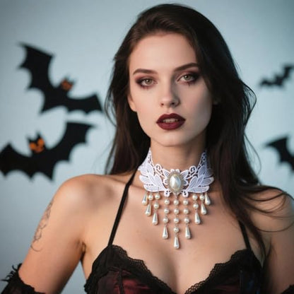 Goth Black Choker Necklace Crystal Bead Pendant Necklace for Women Gothic Velvet Lace Choker Halloween Vampire Witch Cosplay - color: H-White