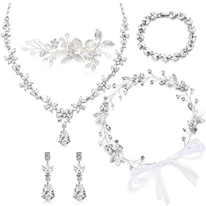 Henoyso 5 Pcs Wedding Jewelry Set for Women, Rhinestone Necklace Earrings Bracelet Headpieces Set for Bride Bridesmaid Prom - style: Elegant Style