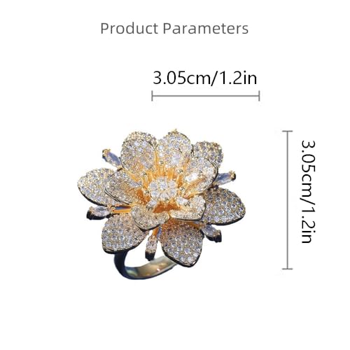 Kokoma Double Layered Rhinestone Flower Ring for Women Cubic Zirconia Geometry Sunflower Wrap Finger Band Adjustable Open Bands Rings Engagement Jewelry - color: Gold