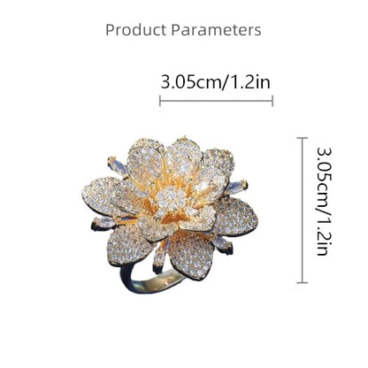 Kokoma Double Layered Rhinestone Flower Ring for Women Cubic Zirconia Geometry Sunflower Wrap Finger Band Adjustable Open Bands Rings Engagement Jewelry - color: Gold
