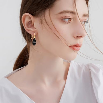 Sterling Silver Black Onyx Earrings for Women 18K Yellow Gold Plated Jewelry Gifts - style: Rhombus Teardrop