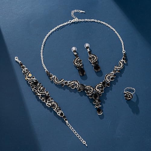 Paxuan Crystal Bridal Wedding Jewelry Sets for Women Rhinestone Teardrop Crystal Statement Choker Necklace Drop Earrings Link Bracelets Rings Teardrop Jewelry Set for Brides Bridesmaids - color: Necklace+Earrings+Bracelet+Ring（Black) - N