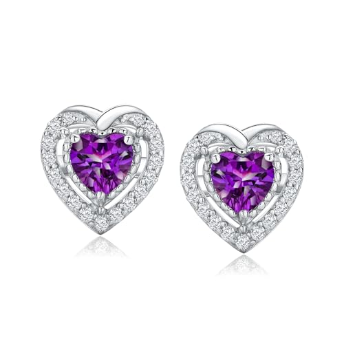 Dainty Birthstone Earrings for Women Sterling Silver Small Stud Earrings with Halo Cushion/Round Created Gemstone Earrings Birthstone Jewelry - style: C 02. Feb./created amethyst-heart shaped