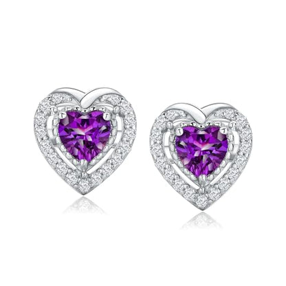 Dainty Birthstone Earrings for Women Sterling Silver Small Stud Earrings with Halo Cushion/Round Created Gemstone Earrings Birthstone Jewelry - style: C 02. Feb./created amethyst-heart shaped