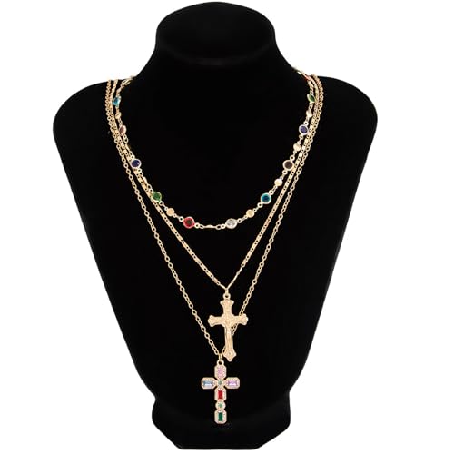 Layered Cross Necklace Set for Women, Layered Choker Necklaces Trendy Jewelry, Colorful Enamel Beaded Y-Shaped Lariat Necklace, Boho Multilayer Cross Necklace for Party and Daily Wear - color: Gold-09