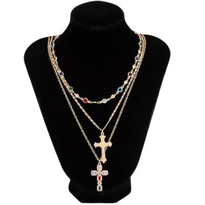 Layered Cross Necklace Set for Women, Layered Choker Necklaces Trendy Jewelry, Colorful Enamel Beaded Y-Shaped Lariat Necklace, Boho Multilayer Cross Necklace for Party and Daily Wear - color: Gold-09