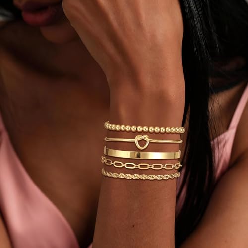 14K Gold Plated Stackable Bangle Bracelets Set for Women | Cuff Bracelet Stackable Bangles Bracelet for Women Trendy Fashion Accessories Tie Knot Cuban Rope Paperclip Beaded Bracelets - color: 5-layer G GD