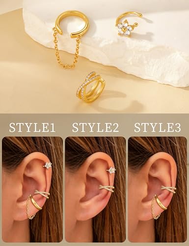 Carffordo 3Pcs Ear Cuffs Non Piercing for Women, Dainty Clip on Earrings | Trendy 14K Gold Plated Ear Cuff with Cubic Zirconia, Fake Piercing Cartilage Earrings, Lightweight Jewelry for Daily Wear - color: 3pcs-chain