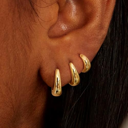 Risamil 3Pairs Gold Hoop Earrings for Women Trendy, 14K Gold Plated Hoops Huggie Earrings Dainty Chunky Earring Stacks Cute Earring Set Gold Jewelry Set for Women Gifts Fashion Accessories - color: 3 pair gold hoop earrings