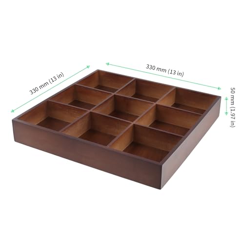 FUNSUEI 2 PCS Multi Compartment Wooden Tray, Divided Wooden Tray, Bamboo Serving Tray with 9 Sections, Wood Divided Snack Tray Storage Box for Appetizers, Jewelry, 12 x 12 x 1.85 Inch - size: 2 PCS 9 Sections