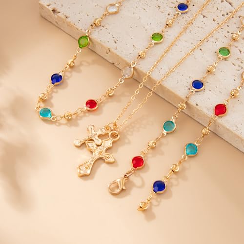 Layered Cross Necklace Set for Women, Layered Choker Necklaces Trendy Jewelry, Colorful Enamel Beaded Y-Shaped Lariat Necklace, Boho Multilayer Cross Necklace for Party and Daily Wear - color: Gold-13