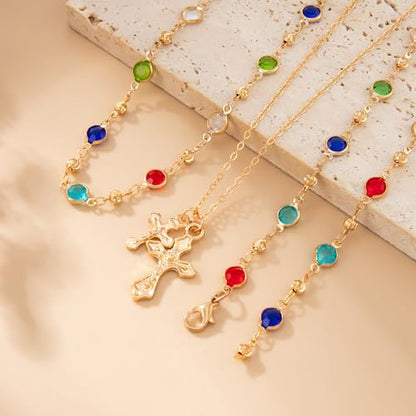Layered Cross Necklace Set for Women, Layered Choker Necklaces Trendy Jewelry, Colorful Enamel Beaded Y-Shaped Lariat Necklace, Boho Multilayer Cross Necklace for Party and Daily Wear - color: Gold-13