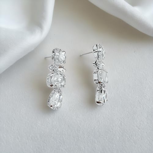 Dainty Sparkly Crystal Square Teardrop Circle Dangle Drop Earrings Long Chic Glitter Rhinestones Geometry Stud Earrings For Women - style: Silver White