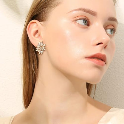 EVER FAITH Sparkly Rhinestone Clip-on Earrings for Women Bride, Fashion Marquise Crystal Cluster Wedding Bridal Stud Earring for Prom Formal Party - color: Champagne Gold-Tone