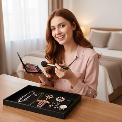6 Pcs Velvet Stackable Jewelry Organizer Trays Showcase Display Tray Bracelet Ring Earring Necklace Organizer Empty Plate for Drawers Countertop (Black)