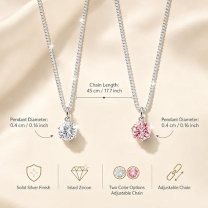 Women S925 Silver Necklace with Sparkling 3D Cubic Zirconia Pendant, Hypoallergenic Fashion Jewelry for Banquet and Wedding, Great Valentine’s Day and Mother’s Day Gift - color: Pink