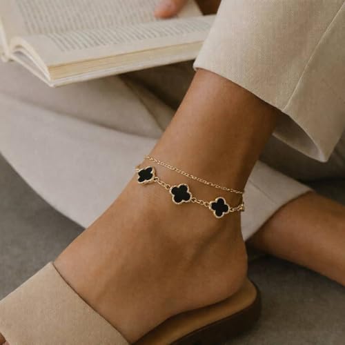 Gold-Tone Double Layer Clover Charm ankle Bracelet, black stone, Adjustable - color: black