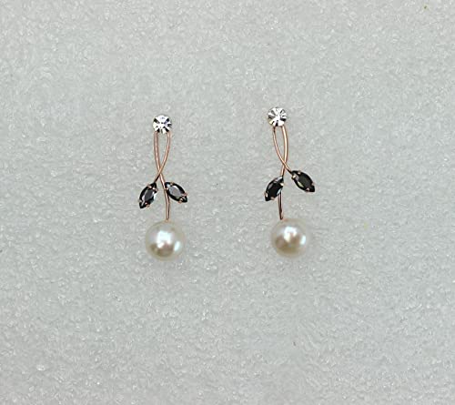 Faship Genuine Freshwater Pearls Floral Necklace Earrings Set | Premium CZ Crystal, Gorgeous, Sparkling - color: Black / Rose Gold Plated