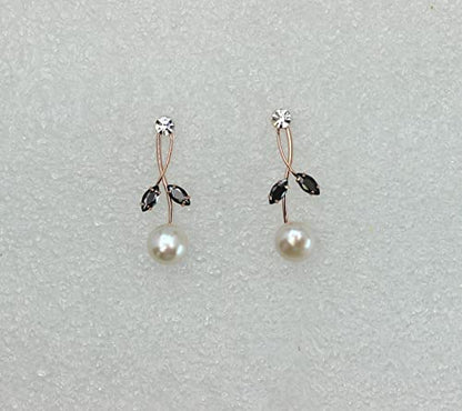 Faship Genuine Freshwater Pearls Floral Necklace Earrings Set | Premium CZ Crystal, Gorgeous, Sparkling - color: Black / Rose Gold Plated