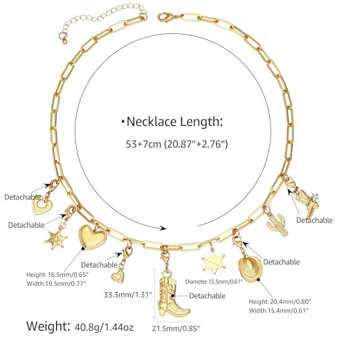 Charm Necklace for Women Gold Evil Eye Sun Moon Flower Coin Pendant Necklace Dainty Paperclip Chain Vintage Luck Amulet Choker Necklaces Celestial Jewelry Gift - style: Detachable- Cowgirl, Boot
