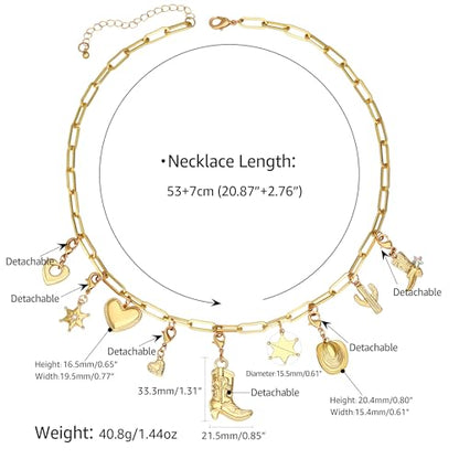 Charm Necklace for Women Gold Evil Eye Sun Moon Flower Coin Pendant Necklace Dainty Paperclip Chain Vintage Luck Amulet Choker Necklaces Celestial Jewelry Gift - style: Detachable- Cowgirl, Boot