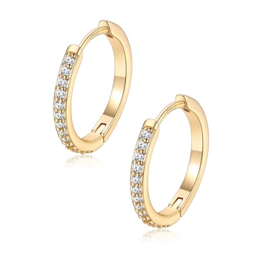FaithHeart 925 Sterling Silver Post Small CZ Huggie Hoop Earrings for Women | Hypoallergenic Small Cubic Zirconia Hoop Earrings, Silver/Black/Gold/Rose Gold Huggie Earrings, 8-20mm with Gift Box - color: Gold, size: 14mm