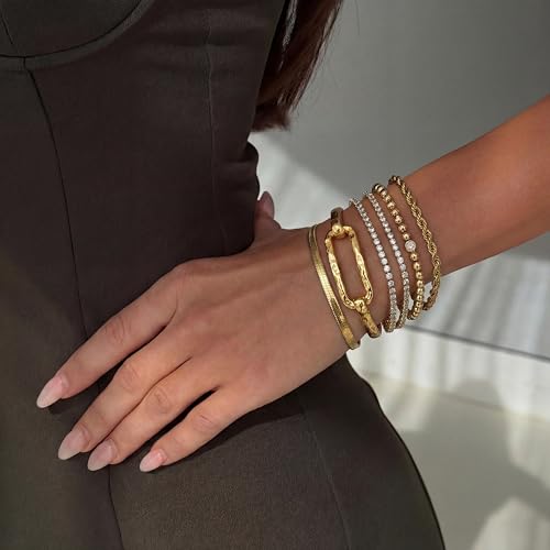 Moodear Chunky Gold Bangle Bracelets for Women, 14K Gold Plated/Silver Cuff | Chunky Statement Jewelry with Hammered Texture, Non Tarnish Gold Plated Finish, Unique Cuff Design, Lightweight Comfort - style: Paperclip Bangle Gold 18.5cm （≈7IN）
