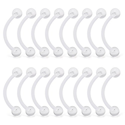SCERRING 14G Clear Acrylic Bioflex & Stainless Steel Curved Barbell Nipplerings Snake Eyes Tongue Ring Piercing Retainer 16-24PCS - style: 16PCS - 1/2" (12mm) Clear