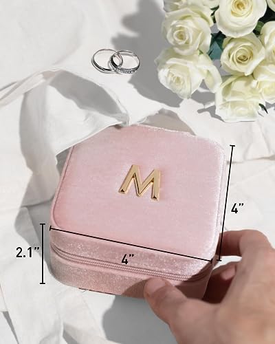 VLANDO Jewelry Box Travel, Letter B Case with Necklace Hooks | Seven Ring Rolls Separate Small Pieces, Soft Interior, Bridesmaid Gift, Wedding Travel, Soft Pink - color: Pink, size: Letter B