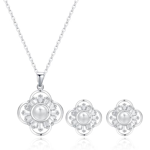 14K Gold Plated | 14K Platinum Plated Necklace for Women Necklace Earrings Set with Sparkling Zircon Inlay and Silver Post Earrings - color: Pearl flower silver suit