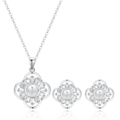 14K Gold Plated | 14K Platinum Plated Necklace for Women Necklace Earrings Set with Sparkling Zircon Inlay and Silver Post Earrings - color: Pearl flower silver suit