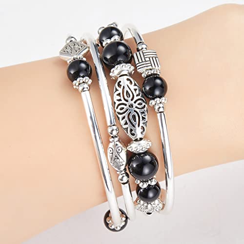 BULINLIN Layered Wrap Bangle Turquoise Bracelet - Bead Bracelet with Natural Agate Stone, Gifts For Women - color: 03-Black