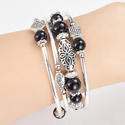 BULINLIN Layered Wrap Bangle Turquoise Bracelet - Bead Bracelet with Natural Agate Stone, Gifts For Women - color: 03-Black