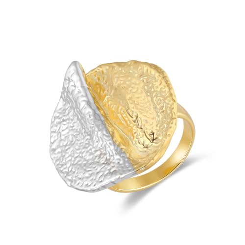 Gold and Silver Statement Ring for Women, Chunky Hammered Mixed Metal Ring, Two Tone Irregular Oval Fashion Ring, Minimalist Bold Jewelry Gift