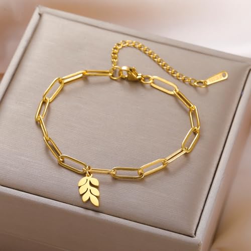 Dreamtimes Daisy Flower Anklets for Women Leaf Anklet Dainty Beach Anklet Jewelry Stainless Steel Adjustable Foot Chain Summer Boho Charm Foot Ankle Bracelet Jewelry - color: Leaf-Gold